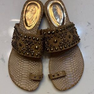 Carlos by Carlos Santana Tan Studded Faux-Snakeskin Slide Sandals